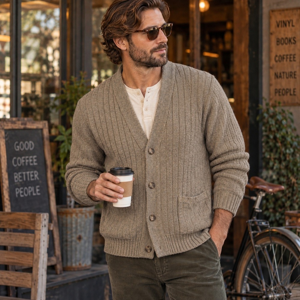 Vintage London Fog Cardigan Sweater Ribbed Knit Made USA Grandpa Core Mens L Tan